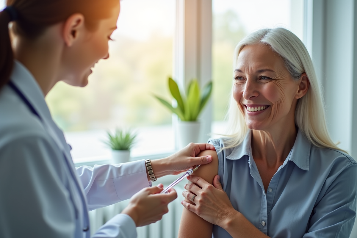 Femme senior souriante recevant un vaccin en clinique lumineuse