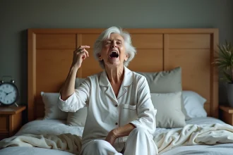 Femme senior se réveillant dans son lit confortable