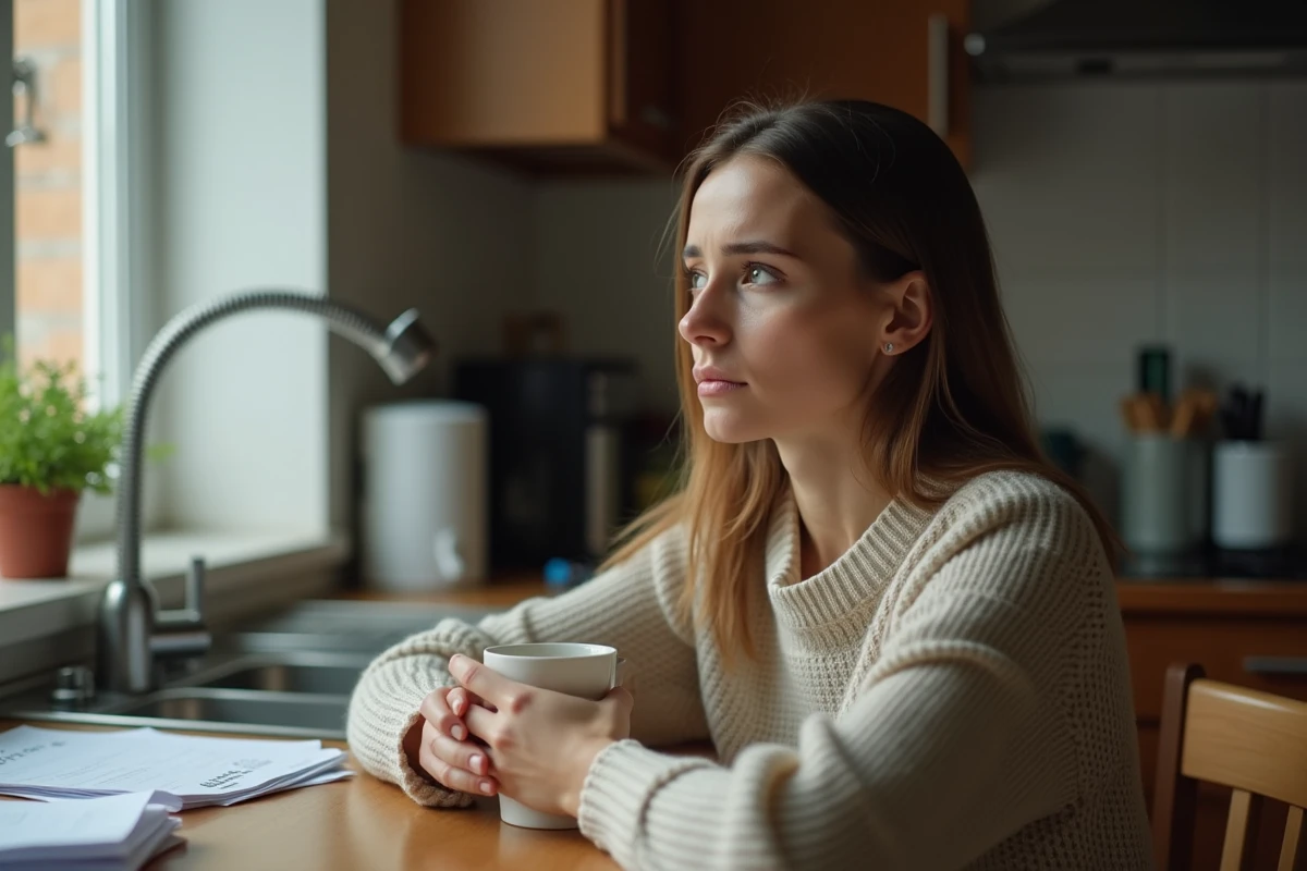 Femme pensive seule à la table de cuisine tenant un café, évoquant la fatigue émotionnelle d'une partenaire gérant seule les responsabilités dans une relation avec un partenaire immature