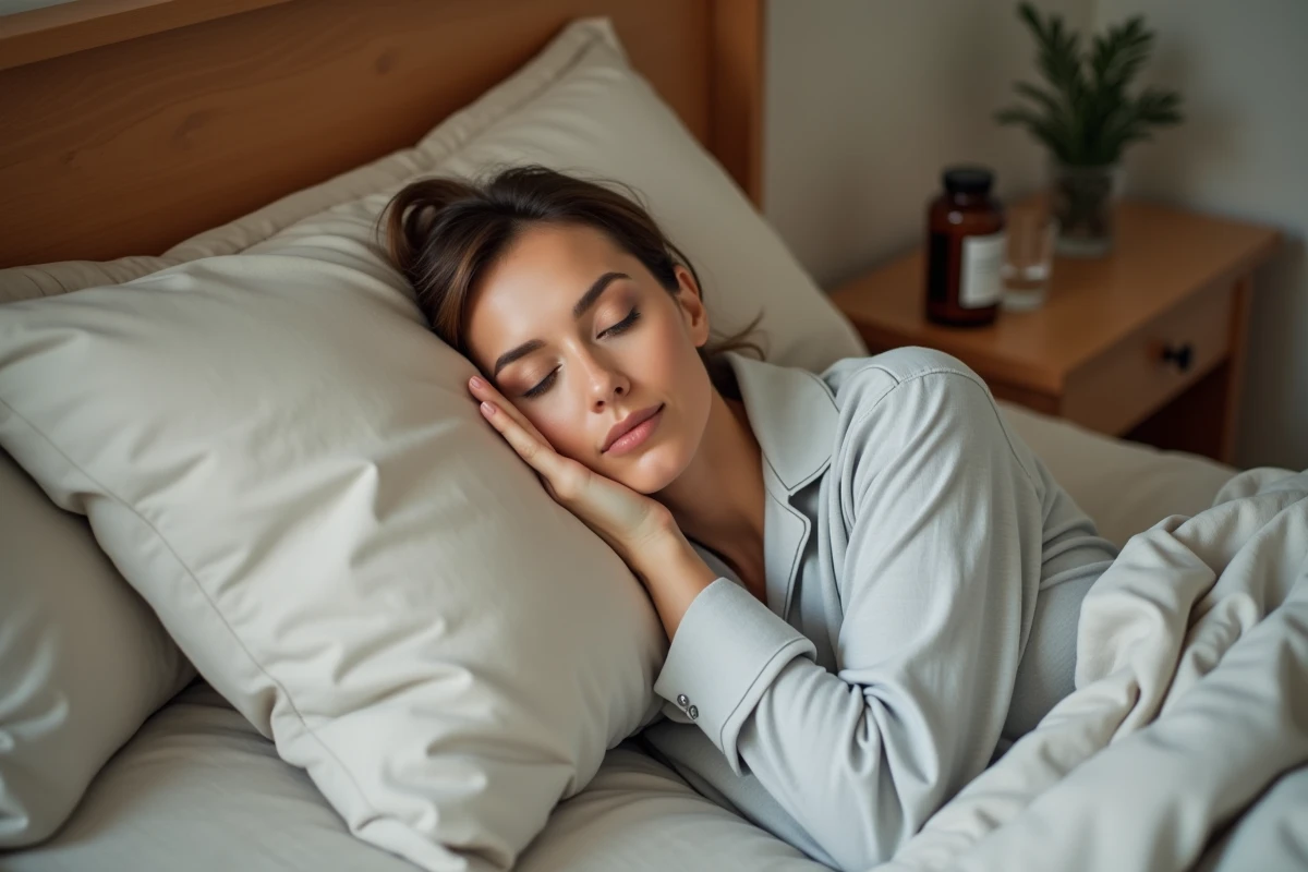 Femme reposée dormant paisiblement après la prise de compléments Nuclever pour un sommeil réparateur