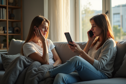Femme inquiète dans un salon moderne avec son partenaire