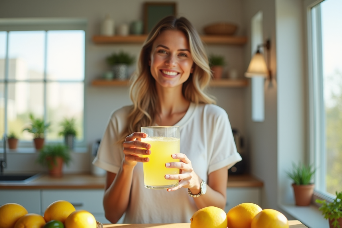 Femme souriante tenant une eau citronnée dans une cuisine lumineuse
