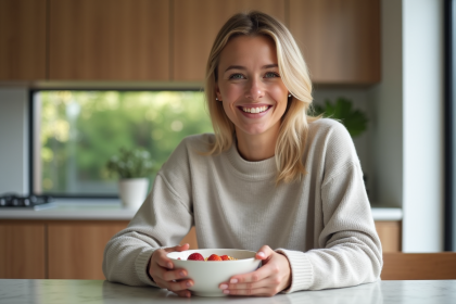 Femme souriante en petit déjeuner dans une cuisine moderne