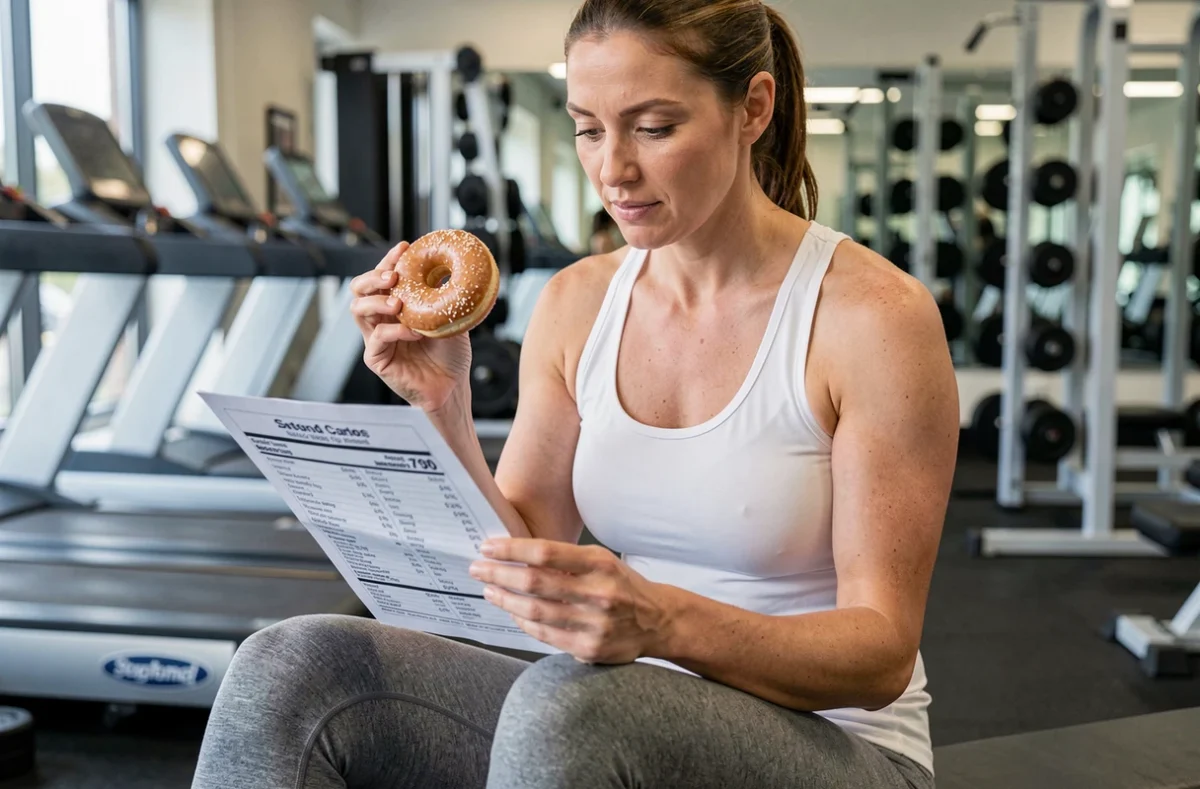 Femme sportive en salle de sport tenant un donut Krispy Kreme et lisant les informations nutritionnelles