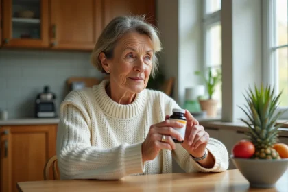 Femme d'&acirc;ge moyen examine un compl&eacute;ment alimentaire dans la cuisine