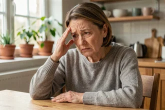 Femme d'âge mûr tenant sa tempe avec une expression préoccupée, illustrant les symptômes neurologiques et la confusion cognitive
