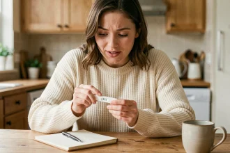 Femme tenant un test de grossesse positif à la maison en consultant son carnet pour calculer la date d'accouchement