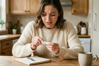 Femme tenant un test de grossesse positif à la maison en consultant son carnet pour calculer la date d'accouchement