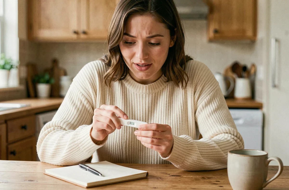 Femme tenant un test de grossesse positif à la maison en consultant son carnet pour calculer la date d'accouchement