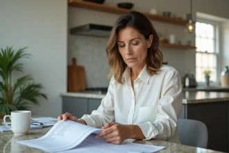 Femme d'&acirc;ge moyen examinant ses r&eacute;sultats m&eacute;dicaux &agrave; la maison