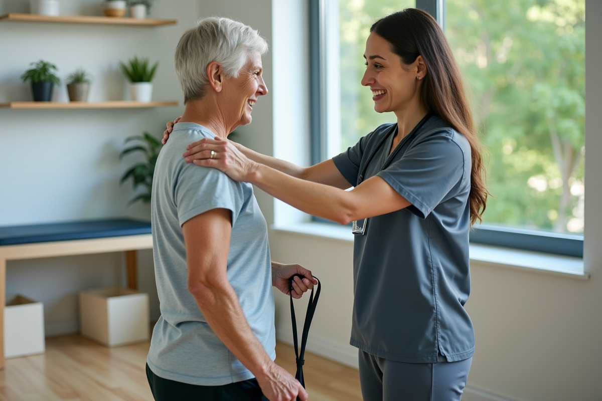 Femme thérapeute aide une personne âgée à faire un exercice
