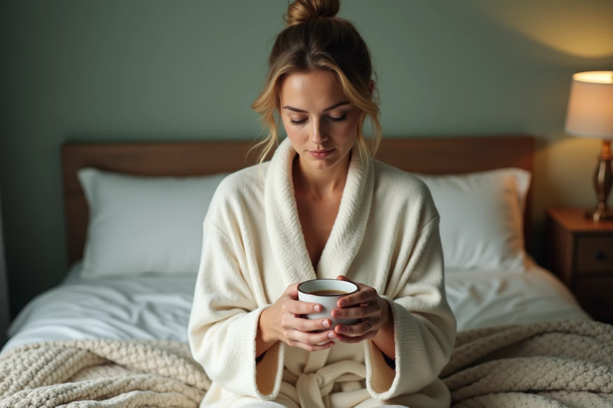Femme d'une quarantaine d'années en robe de chambre tenant une tasse de tisane de thym avant de dormir, atmosphère apaisante de chambre à coucher