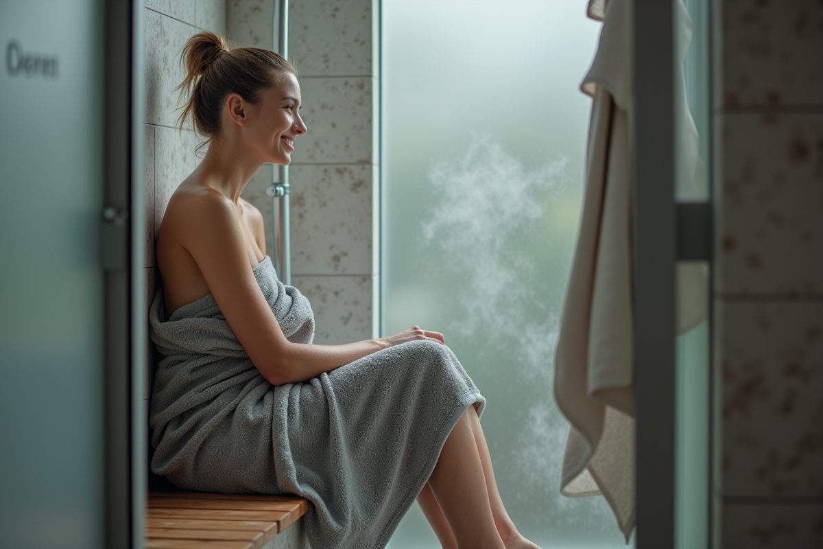 Jeune femme en serviette grise près d