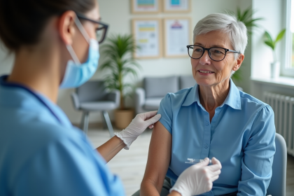 Femme d'&acirc;ge moyen en attente lors d'une vaccination en clinique