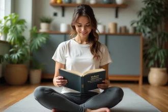 Femme assise en yoga lisant un livre sur le bien-être