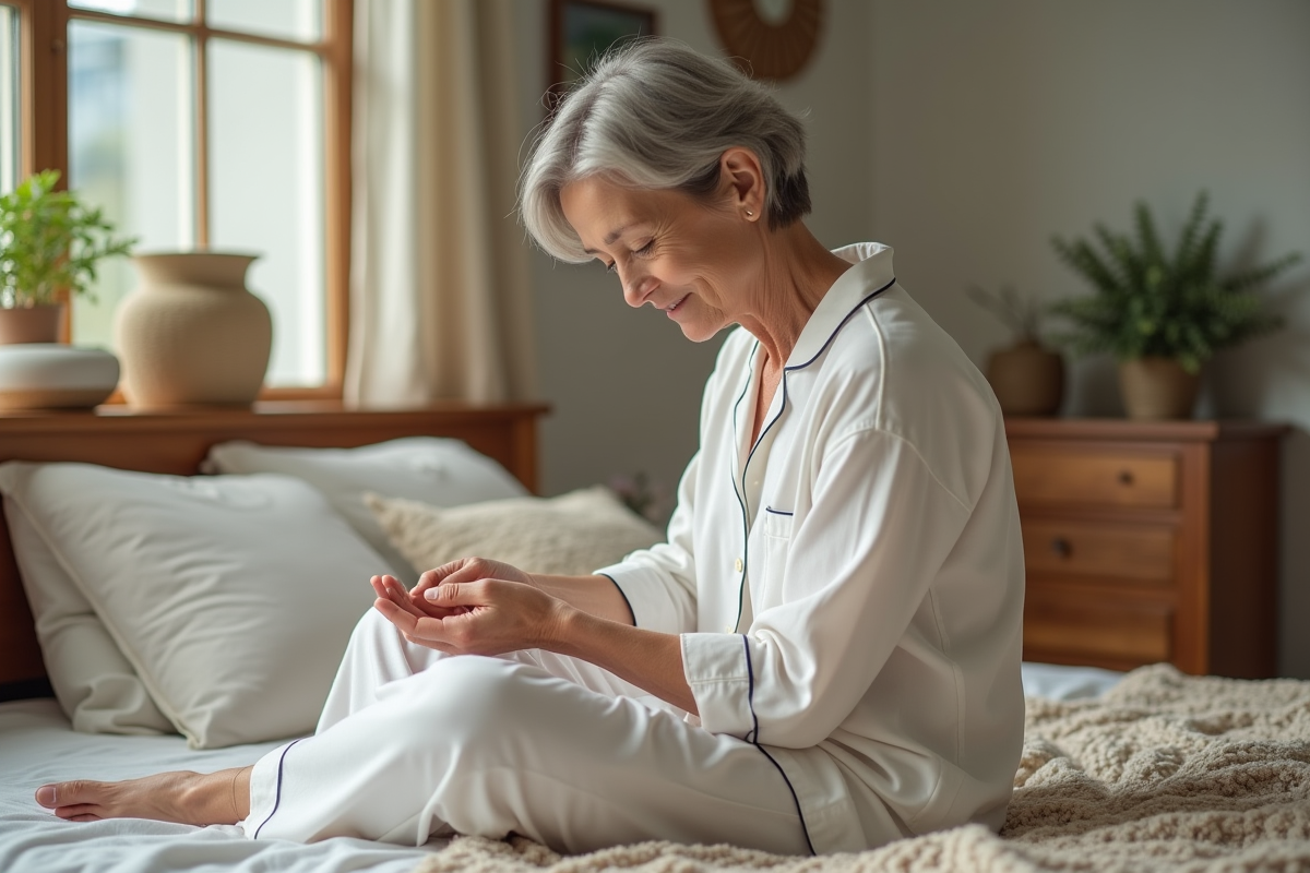 Femme méditant en position d'acupressure dans une chambre chaleureuse