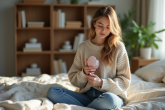 Jeune femme pensive avec pierre quartz dans un lit lumineux