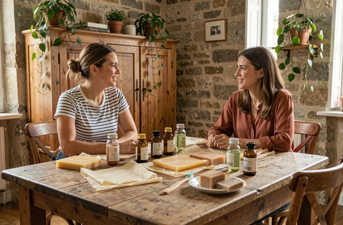 Deux femmes discutant d'alternatives écologiques du quotidien autour d'une table avec des produits zéro déchet comme des emballages en cire d'abeille et des brosses à dents en bambou