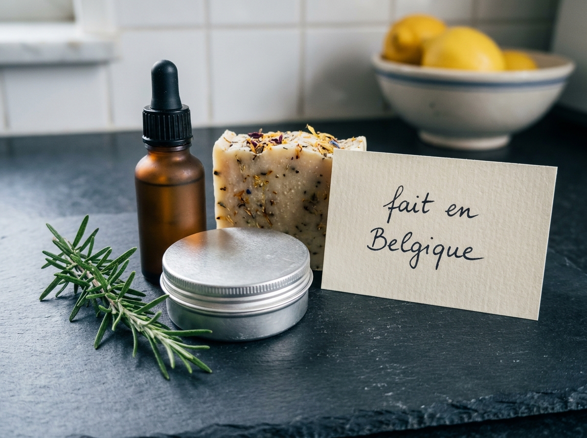 Produits cosmétiques belges naturels en flat lay avec ingrédients botaniques et note artisanale