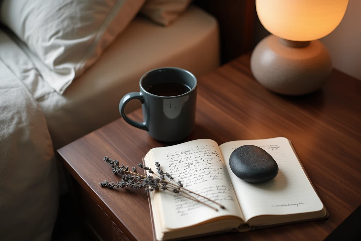 Flat lay d'une routine bien-être du soir avec worry stone, journal et tisane pour favoriser le sommeil