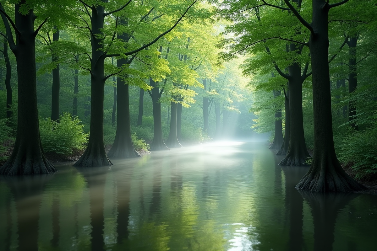 Forêt inondée avec arbres reflétant la verdure