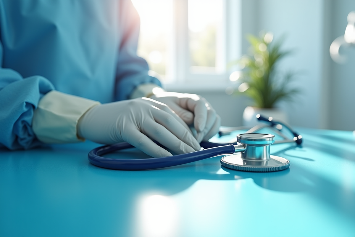 Gants chirurgicaux et stethoscope sur table propre