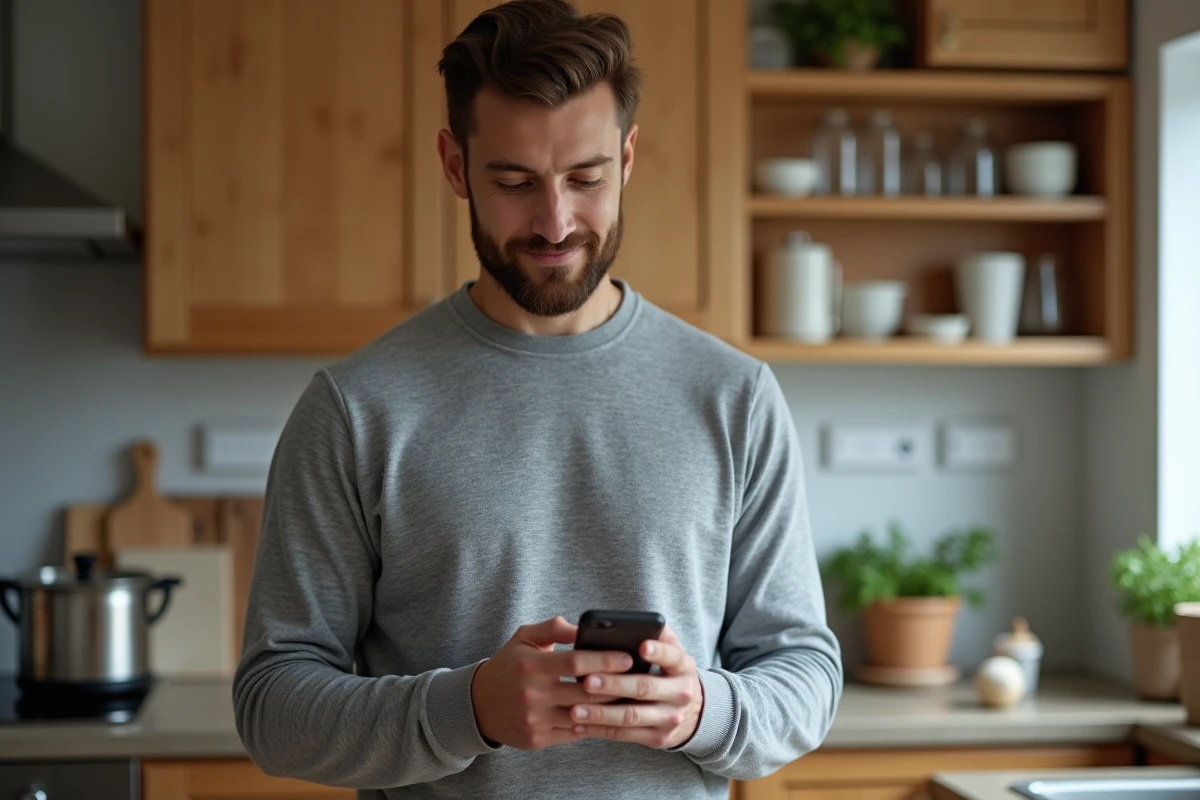 Homme consultant l'application Groupama sur son smartphone pour gérer ses avantages Sévéane