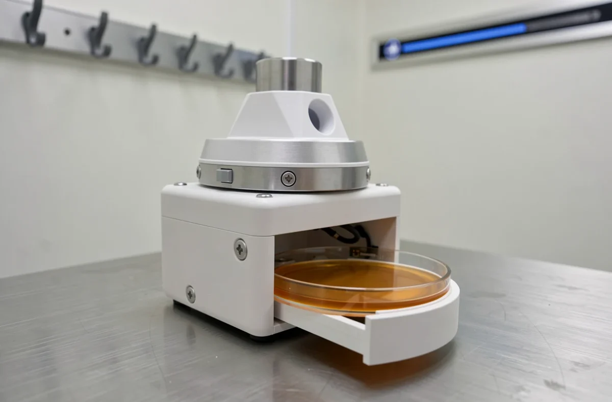 Gros plan sur un aérobiocollecteur microbiologique monté en zone ISO avec boîte de Petri insérée dans une salle propre industrielle