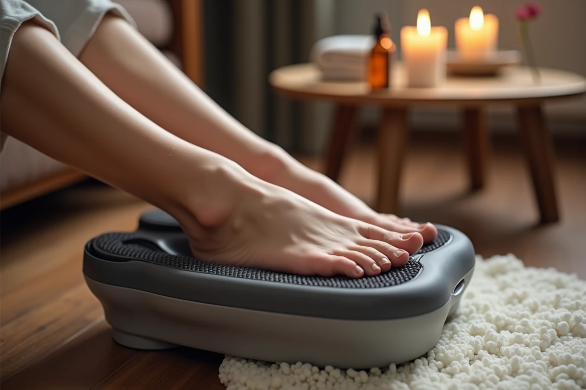 Gros plan de pieds dans un appareil de massage à domicile avec accessoires de spa en arrière-plan flou
