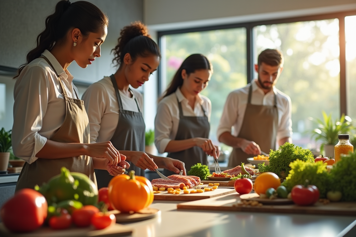 Groupe d'adultes en cuisine moderne préparant un repas sain
