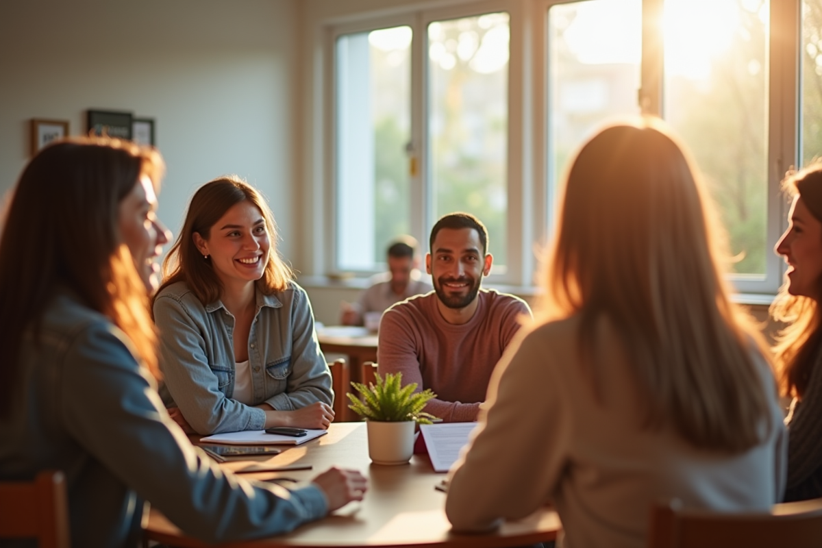 Groupe divers dans un centre communautaire lumineux en discussion