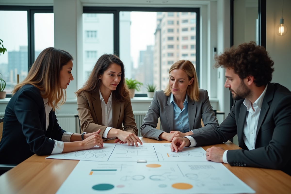 Groupe de professionnels en réunion autour d'un tableau