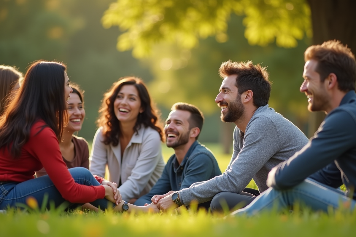 Groupe divers de personnes souriantes dans un parc ensoleille