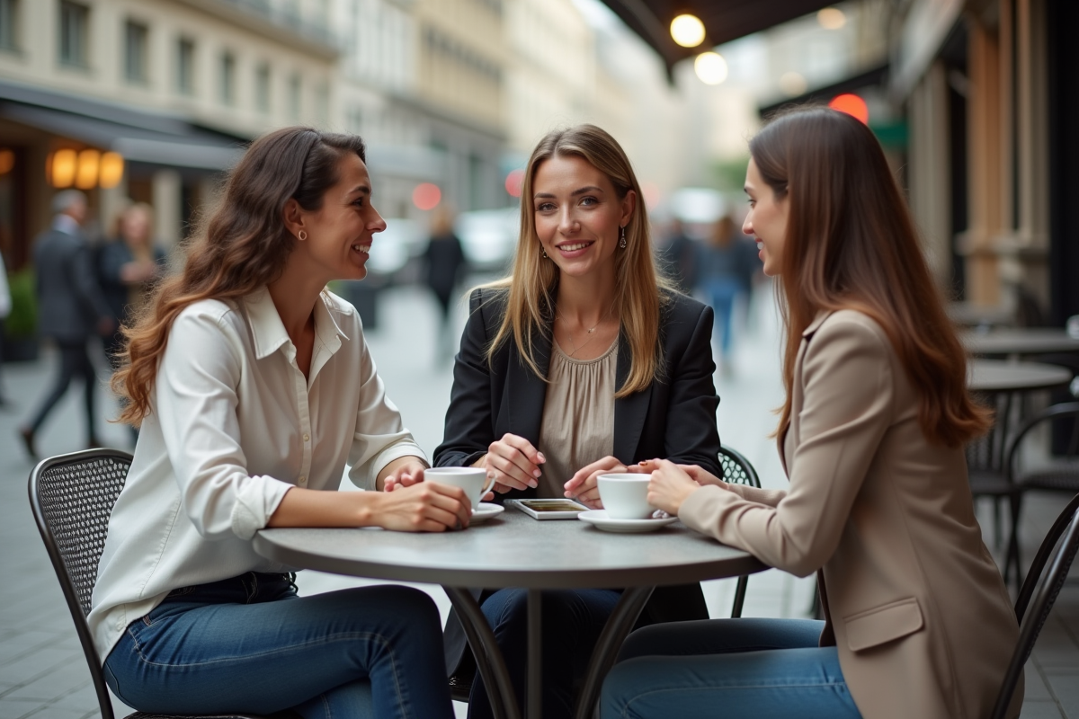 Trois femmes discutant autour d un café en extérieur