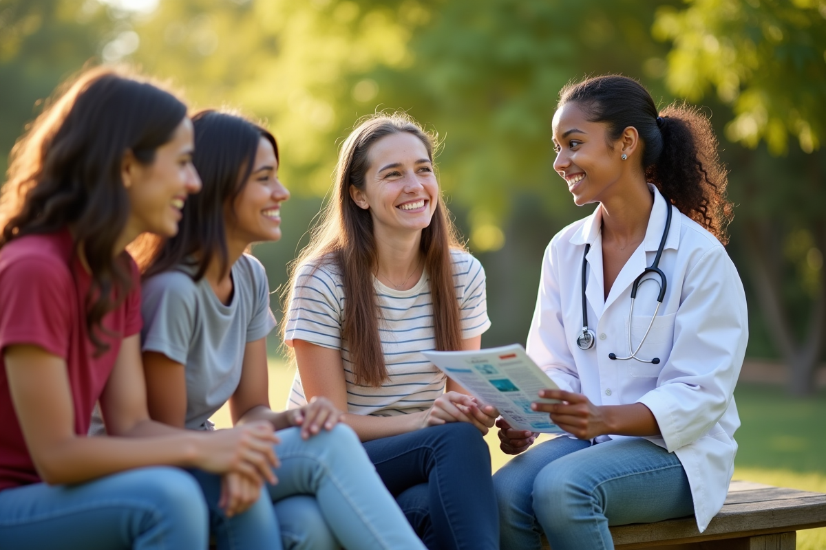 Groupe de jeunes adultes en extérieur lors d'une séance d'éducation à la santé