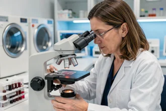 Hématologue examinant une lame de sang au microscope dans un laboratoire médical pour analyser les leucocytes