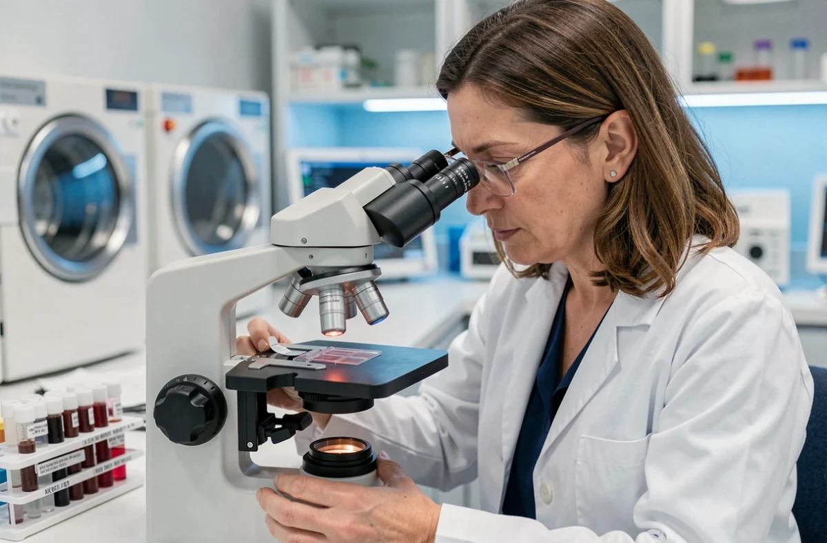 Hématologue examinant une lame de sang au microscope dans un laboratoire médical pour analyser les leucocytes