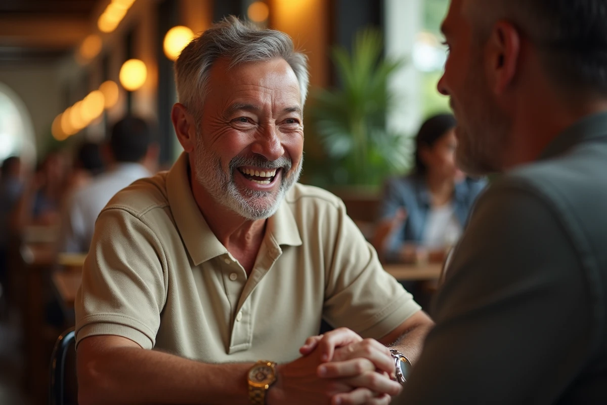 Homme âgé riant lors d'un repas au restaurant avec un ami, symbolisant la liberté de parler et manger grâce à une prothèse dentaire amovible sans palais