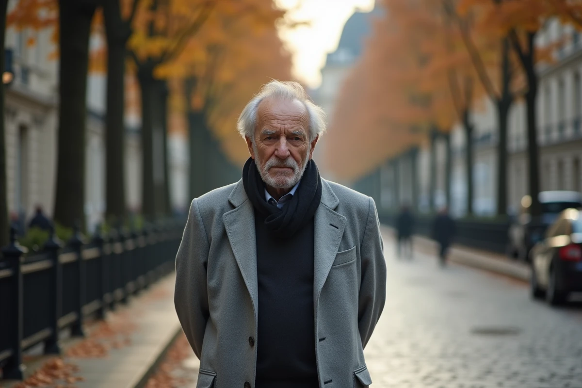 Homme âgé aux cheveux argentés marchant seul dans une rue pavée parisienne en automne, atmosphère mélancolique évoquant la maladie et les dernières prises de parole publiques