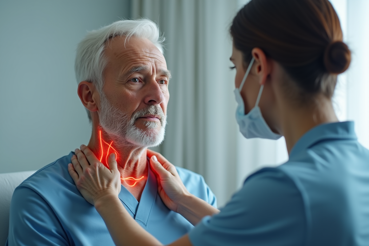 Homme senior inquiet lors d'un examen médical du cou