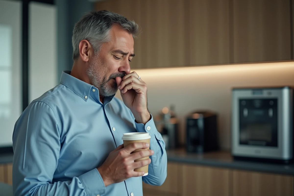 Homme en bureau portant la main à la bouche après s'être brûlé le palais avec un café chaud