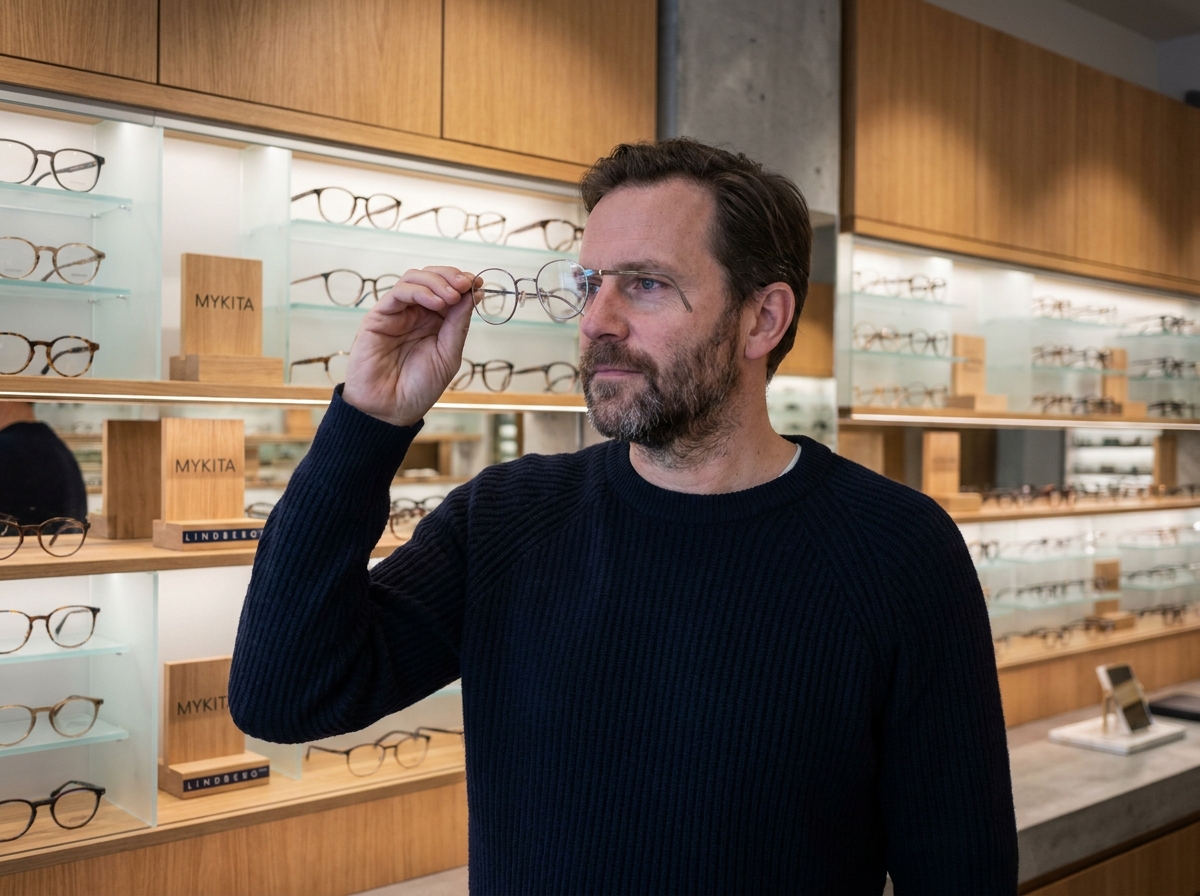 Homme en pull marine inspectant une monture de lunettes indépendantes dans une boutique d'optique artisanale, entouré de présentoirs de créateurs