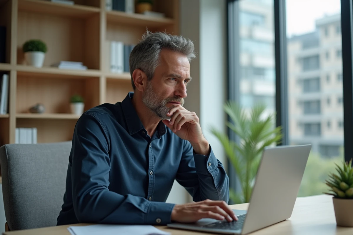 Homme consultant un avis médical sur Circles en ligne depuis son bureau, expression analytique et prudente face à l'écran d'ordinateur portable