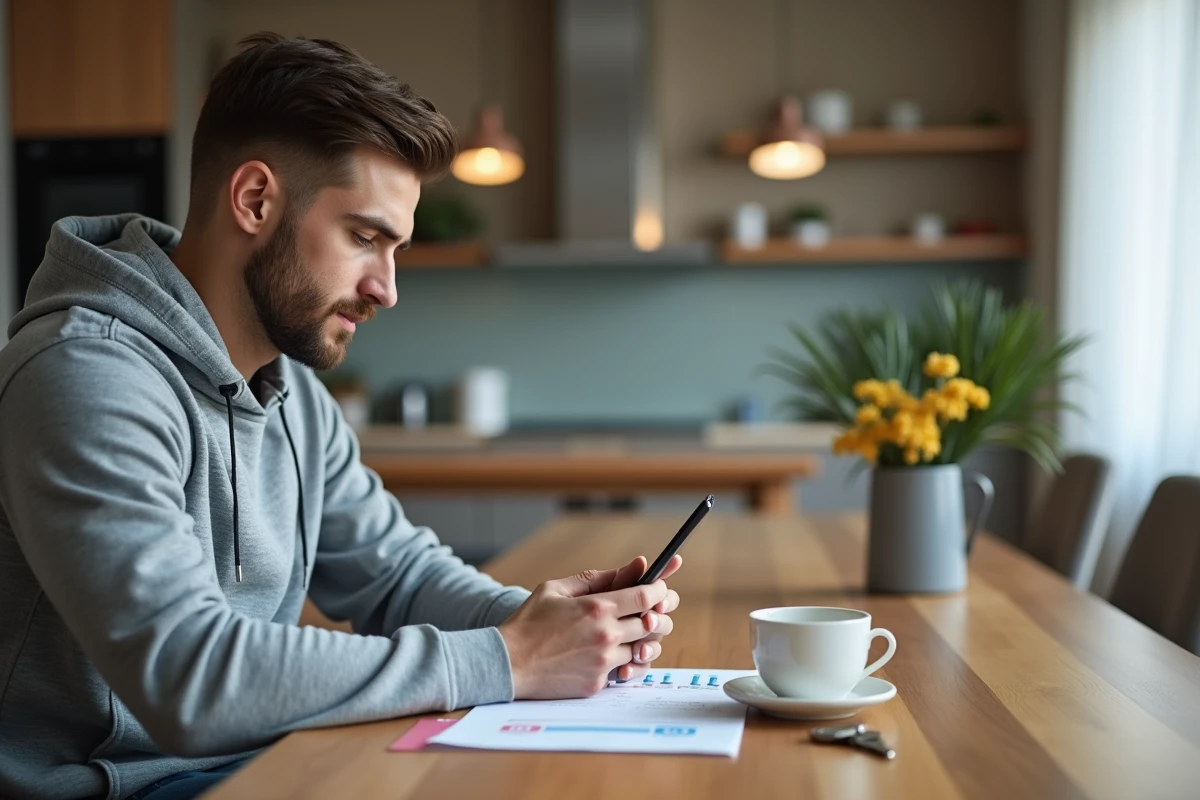 Homme consultant ses résultats d'analyses médicales sur smartphone via un portail en ligne à domicile