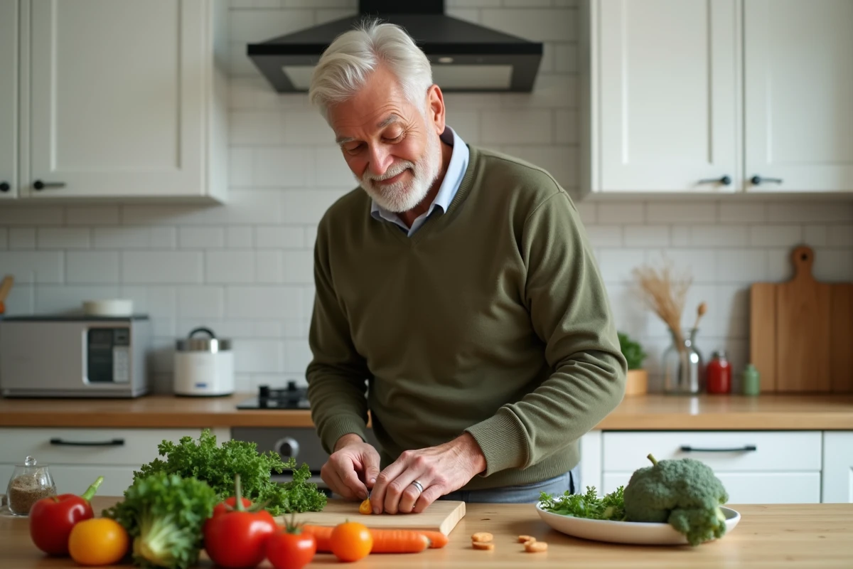 Homme préparant un repas sain avec des légumes frais