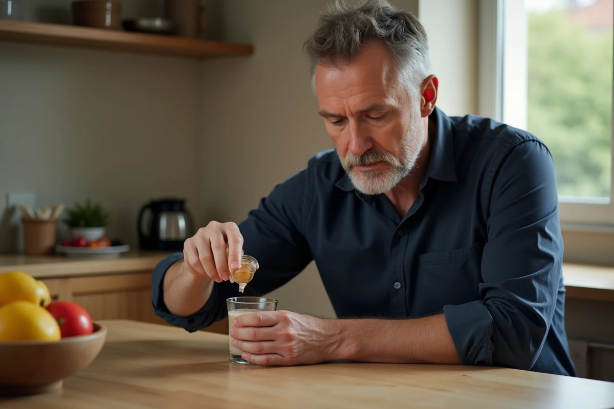 Homme dosant du Phytargile concentré dans un verre d'eau dans sa cuisine