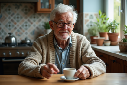 Homme &acirc;g&eacute; avec th&eacute; dans une cuisine chaleureuse