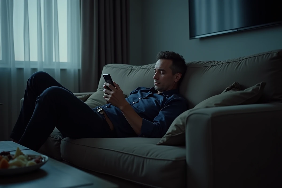 Homme &eacute;puis&eacute; allong&eacute; sur un canap&eacute; avec son smartphone apr&egrave;s le travail, repr&eacute;sentant les habitudes quotidiennes qui &eacute;puisent l'&eacute;nergie