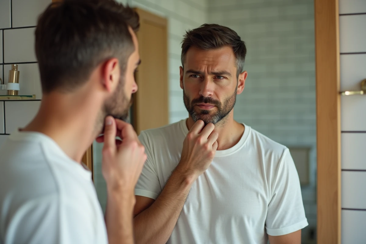 Homme examinant un ganglion douloureux sous la mâchoire devant un miroir de salle de bain, lié à une douleur dentaire