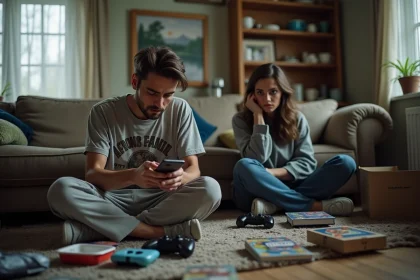 Homme adulte immature assis par terre entouré de jeux vidéo pendant que sa partenaire semble frustrée sur le canapé, illustrant le syndrome de Peter Pan en couple